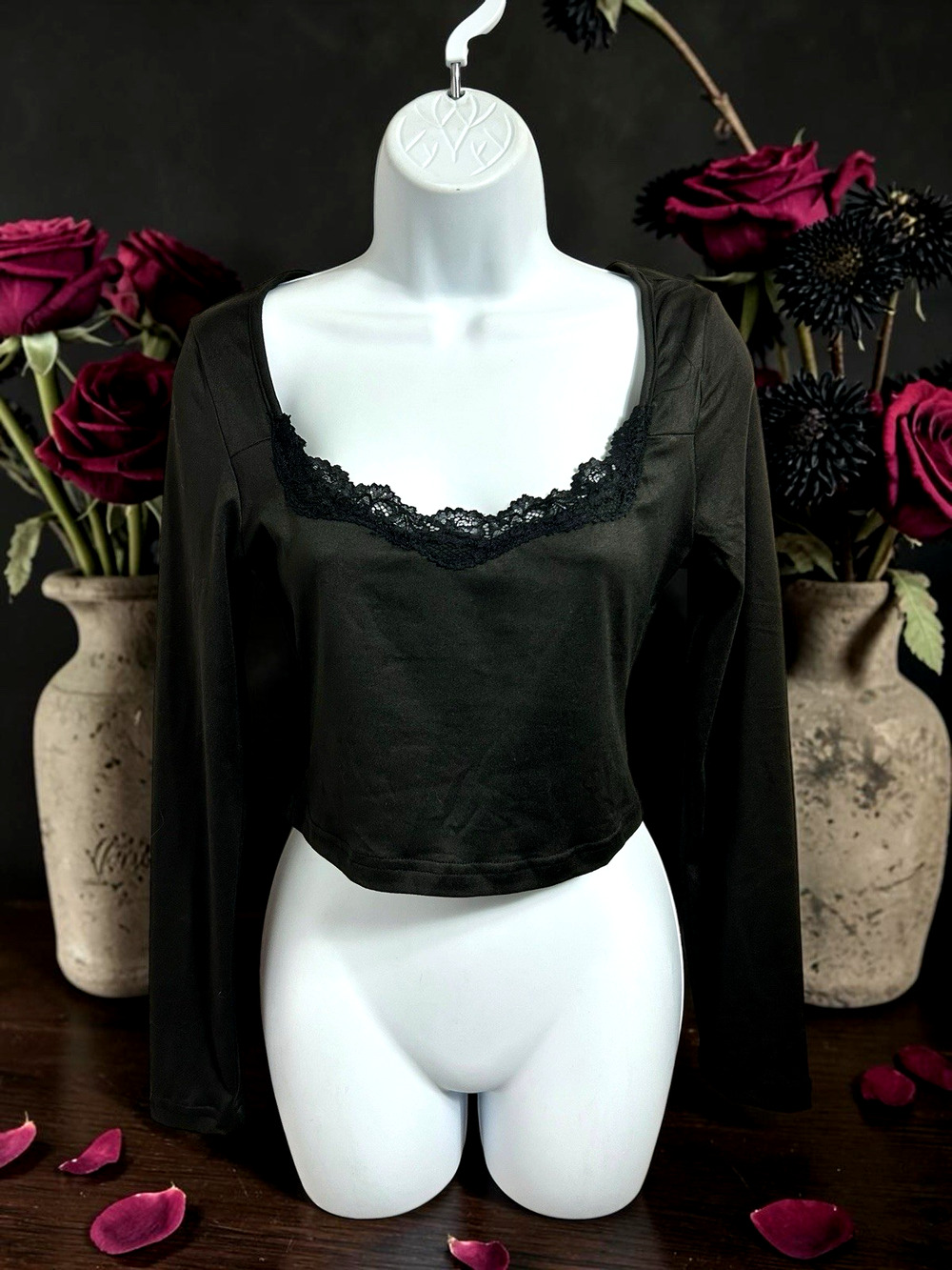 Shein Black Cropped Blouse Sz Small Lace Neckline Long-Sleeve Top Soft Stretch